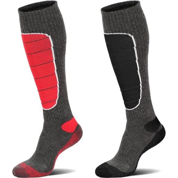 2 Pack Men's Thermal Merino Wool Knee-high Warm Socks, Red & Gray - Picture 1 of 6